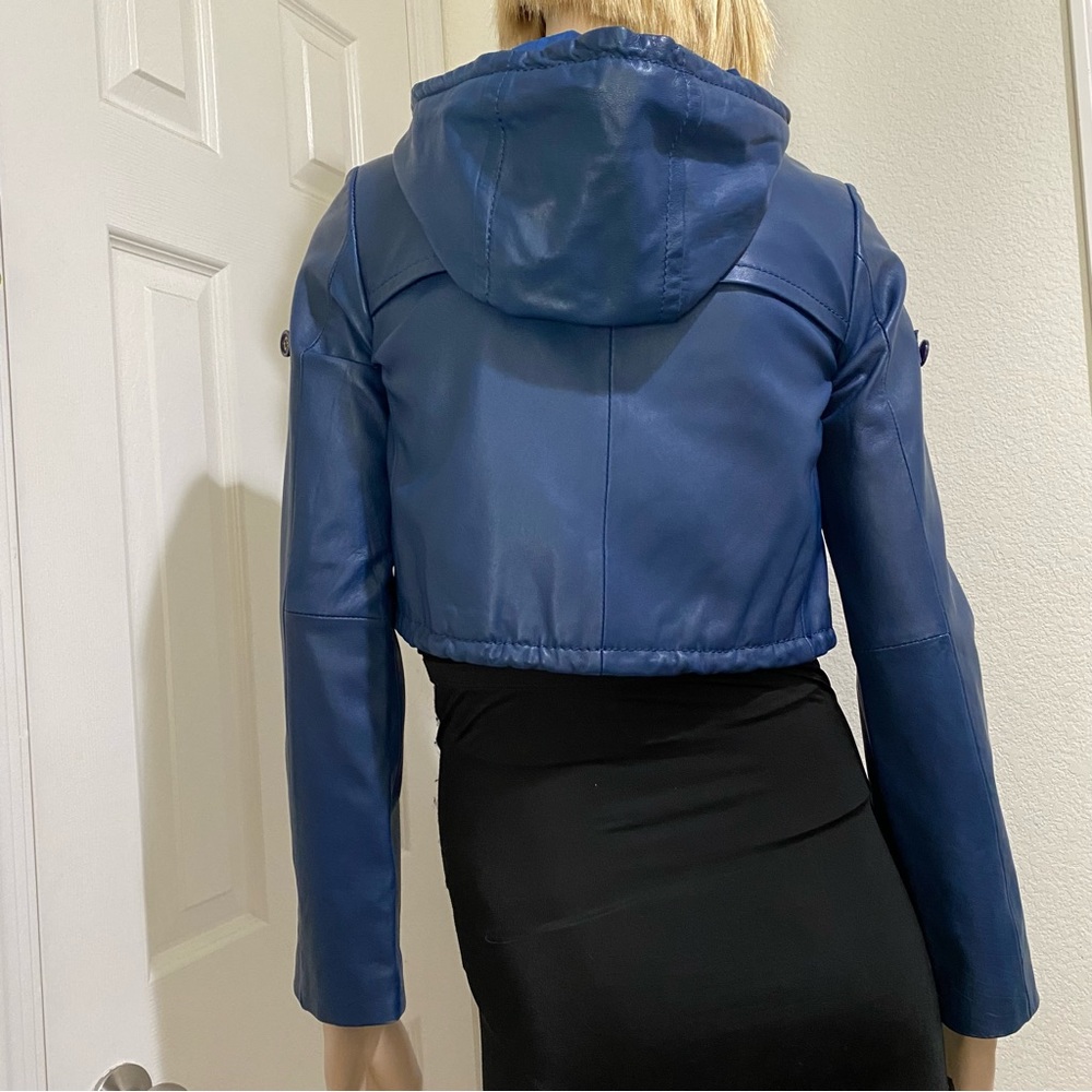 BCBGMaxAzria Blue Cropped Hooded 100% Leather Jacket Size XS - Picture 5 of 16